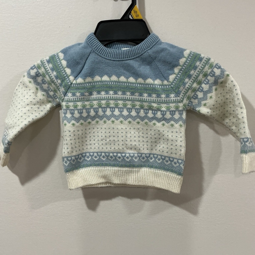Vintage Baby Togs Boys Fair Isle Sweater 18 Months 80s Nordic Blue White Buttons